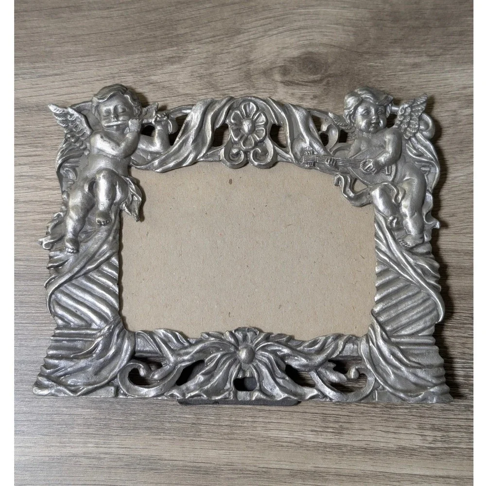 Vintage Ornate Cherub Angel‎ Silver Pewter Style Picture Frame Tabletop Decor